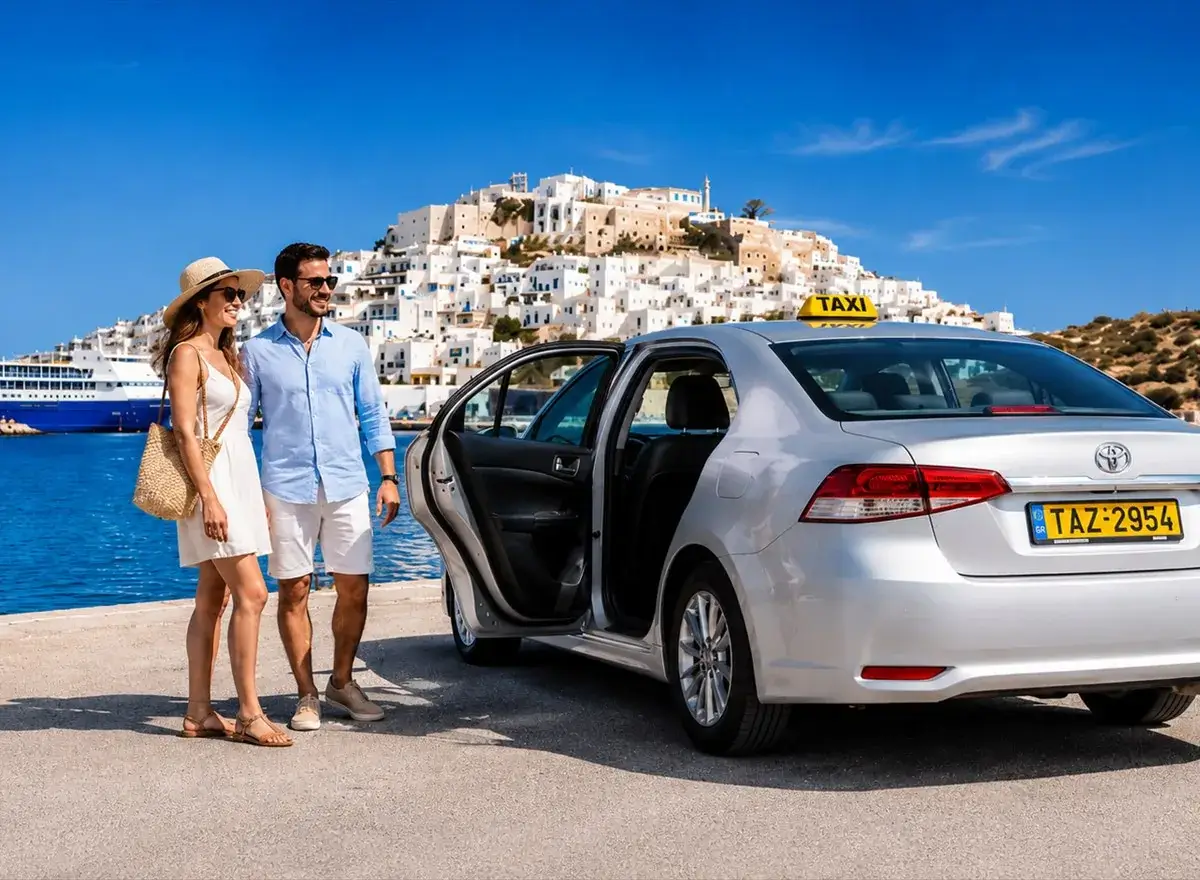 Happy customers beside a white Naxos taxi at Naxos port