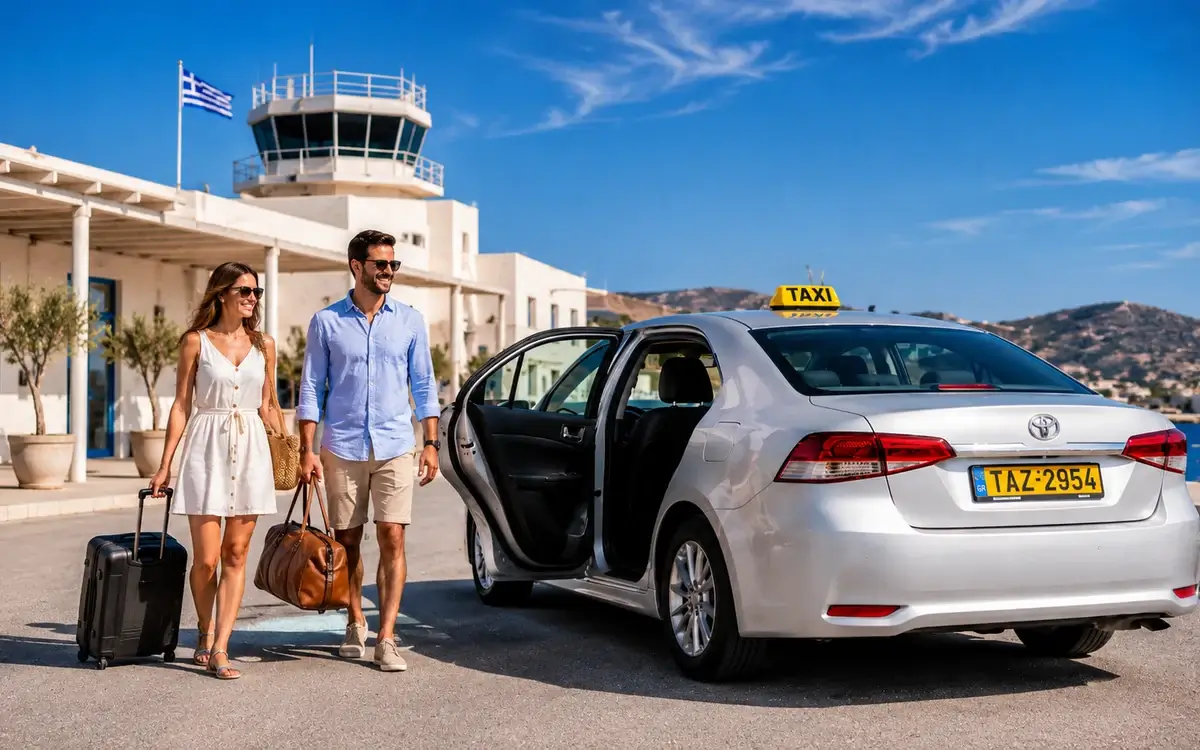 Manolis white Toyota taxi waiting for an airport pickup in Naxos