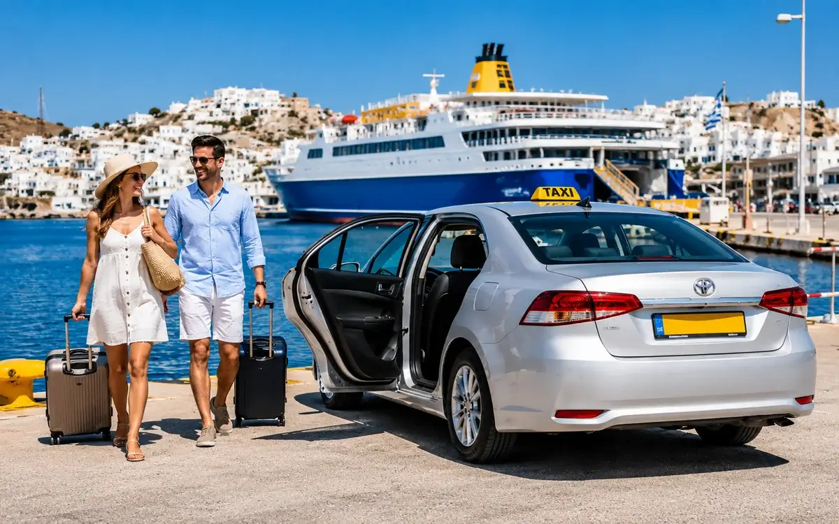 Manolis white Toyota taxi ready for a Naxos port ferry pickup